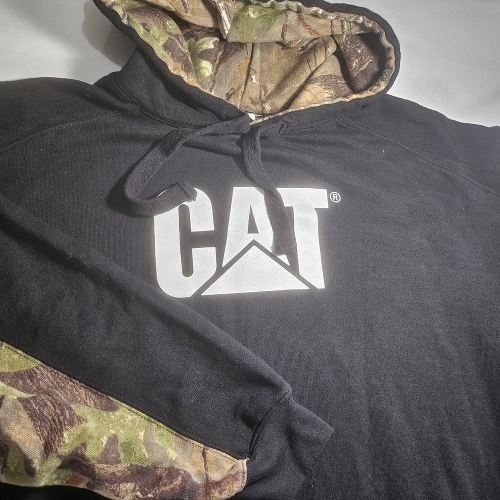 Badger Sport CAT Hoodie Mens XL Black Camo Raglan Fleece Sweatshirt Caterpillar
